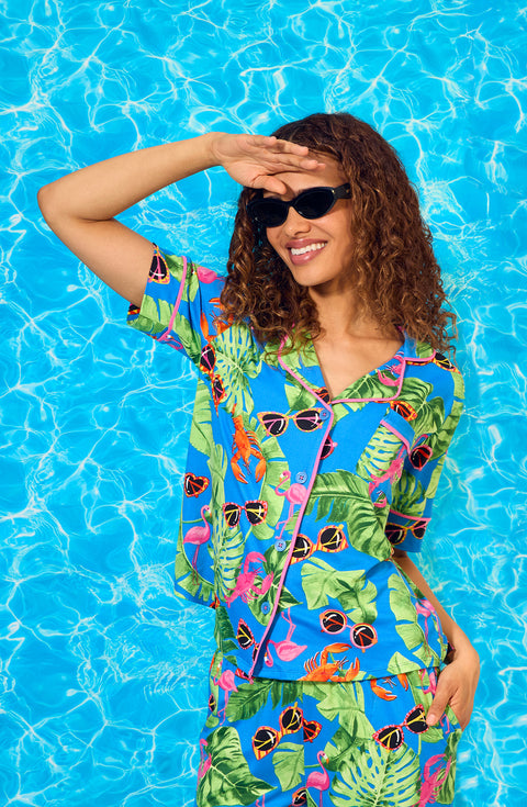 A lady wearing Arizona Long Knit Pj Set In Lobster Lounge
