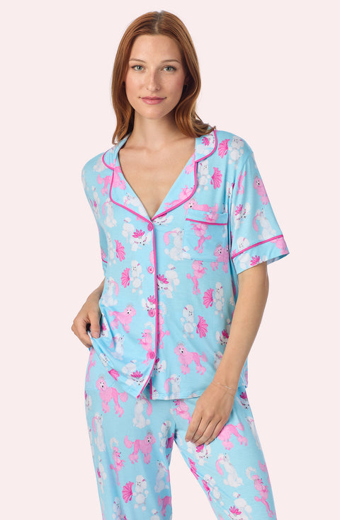 A lady wearing Dakota Knit Pj Set In Show Poodles