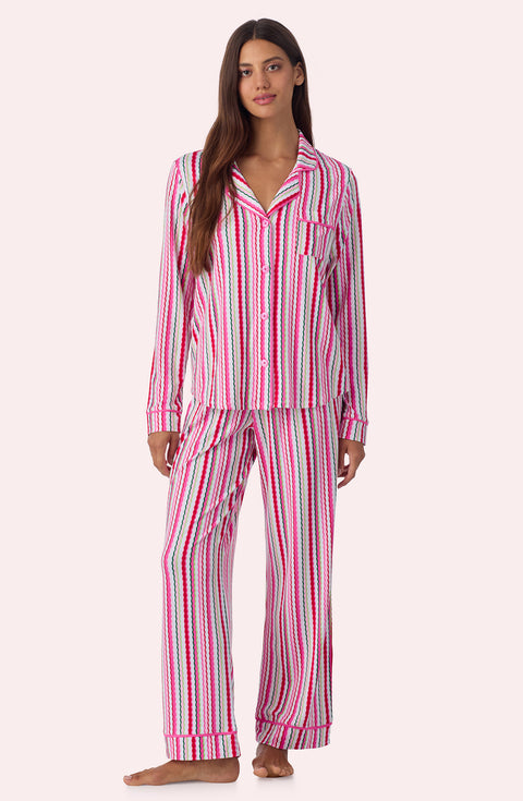 A lady wearing Charlotte Knit Pj Set In Sweet Stripe