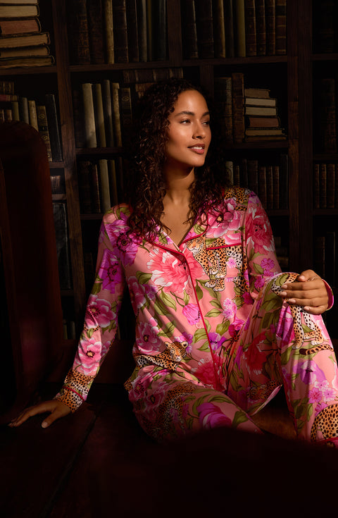 A lady wearing Charlotte Pj Set In Rosy Roar