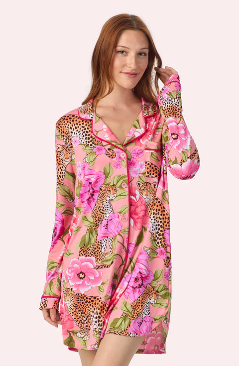 A lady wearing Kylie Sleepshirt In Rosy Roar