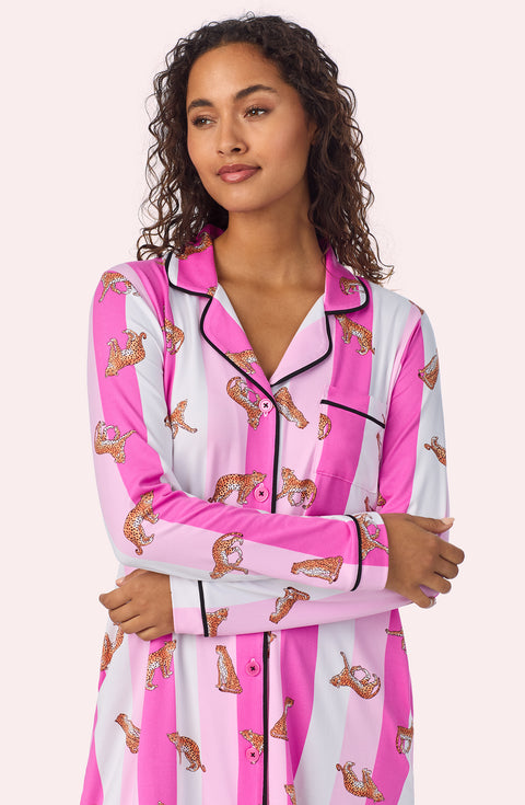 A lady wearing Kylie Sleepshirt In Spots & Stripes