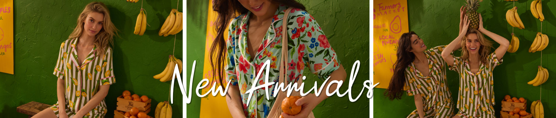 Models wearing Sienna short and long knit pajama sets in Palm Springs Poodle, Pinch Me, Star Spangled, and True Blue Stripe prints in a lifestyle setting.