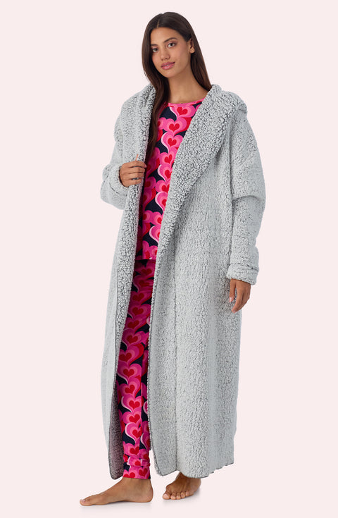 A lady wearing Aubrie Sherpa Long Jacket In Frosted Slate