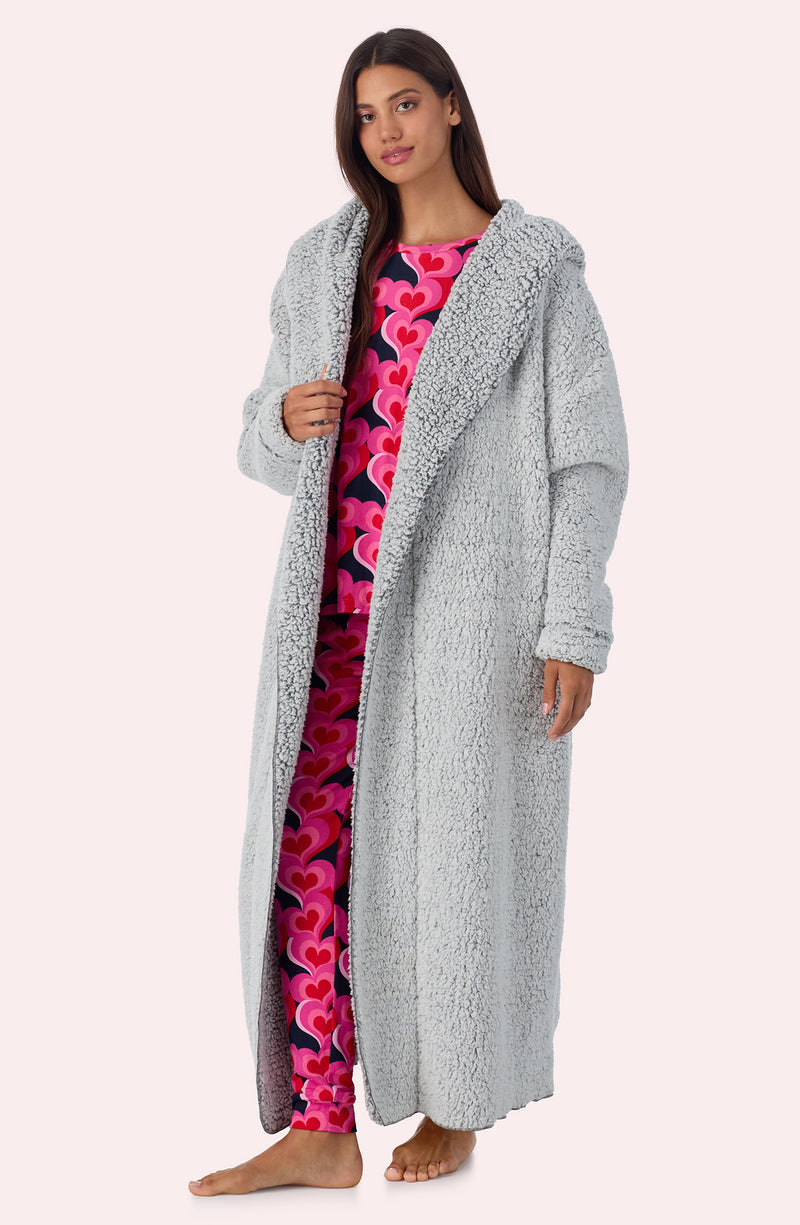 A lady wearing Aubrie Sherpa Long Jacket In Frosted Slate