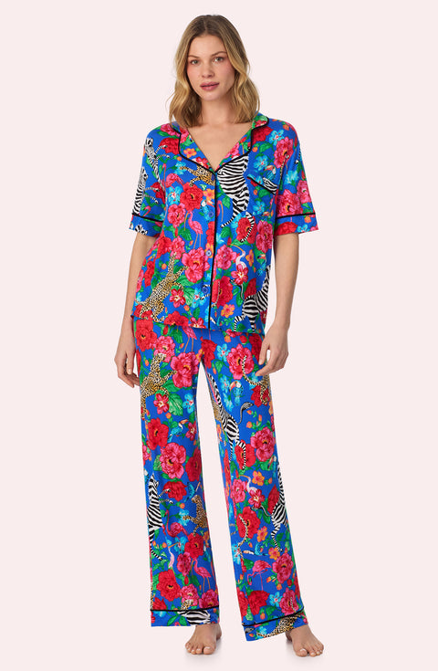A lady wearing Dakota Long Knit Pj Set In Sapphire Safari