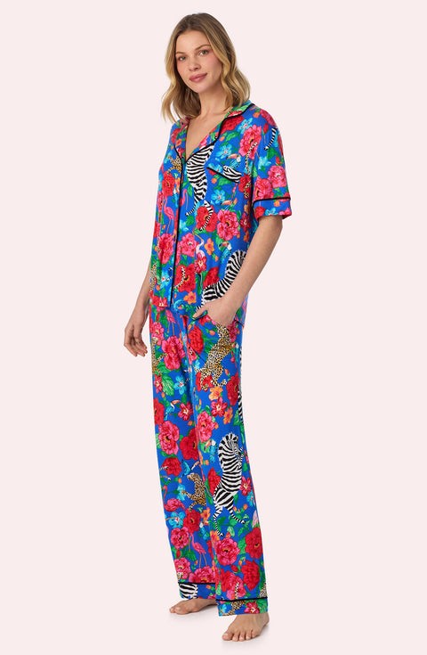 A lady wearing Dakota Long Knit Pj Set In Sapphire Safari