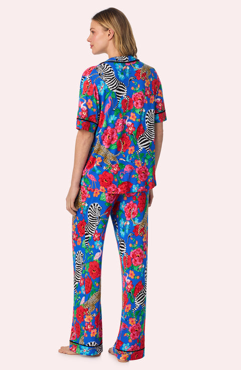 A lady wearing Dakota Long Knit Pj Set In Sapphire Safari