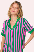 A lady wearing Sienna Short Knit Pj Set In Fuchsia And Fern