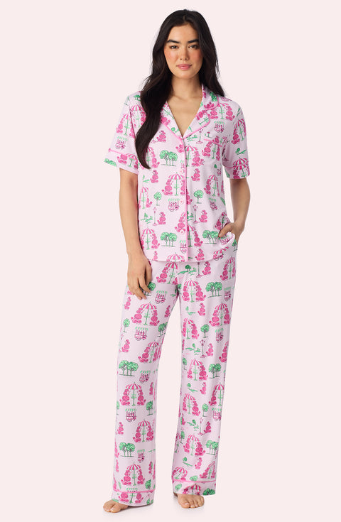 A Lady Wearing Sienna Long Knit Pj Set In Palm Springs Poodle Front View