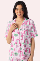 A Lady Wearing Sienna Long Knit Pj Set In Palm Springs Poodle Closeup View