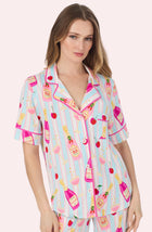 A Lady Wearing Dakota Long Knit Pj Set In Bottle Service in a front view close up shot