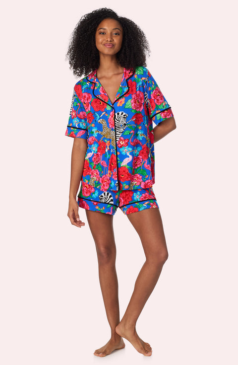 A lady wearing Dakota Short Knit Pj Set In Sapphire Safari