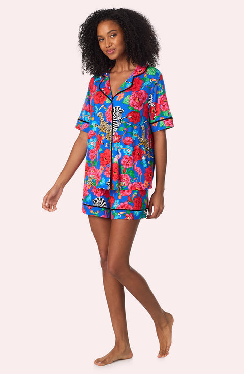 A lady wearing Dakota Short Knit Pj Set In Sapphire Safari