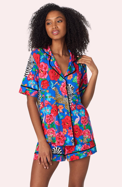 A lady wearing Dakota Short Knit Pj Set In Sapphire Safari