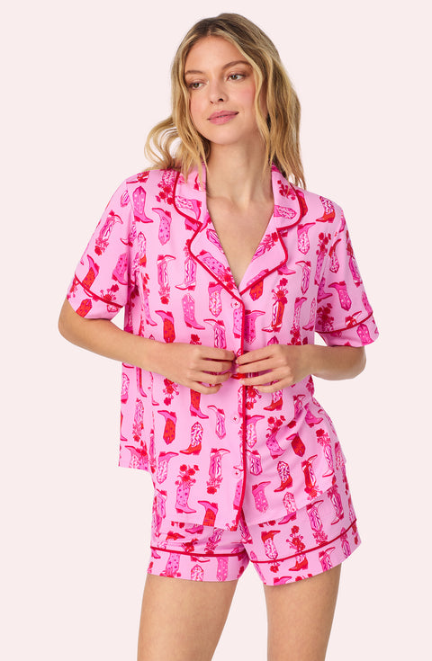 A lady wearing Sienna Short Knit Pj Set In Cowgirl Cutie