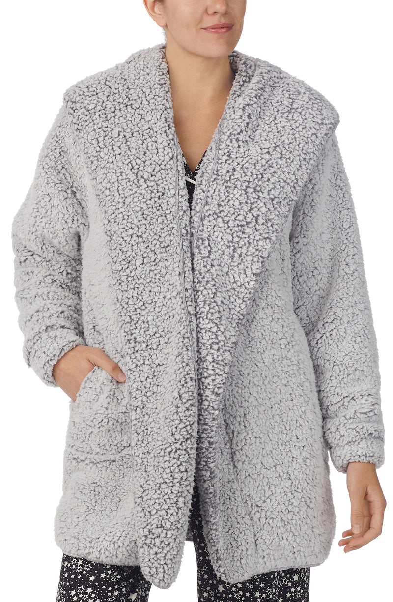 A lady wearing Grey Long Sleeve Aubrie Short Jacket with Frosted Slate print.