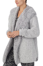 A lady wearing Grey Long Sleeve Aubrie Short Jacket with Frosted Slate print.