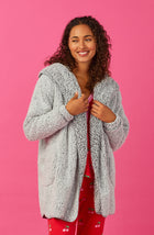 A lady wearing Grey Long Sleeve Aubrie Short Jacket with Frosted Slate print.