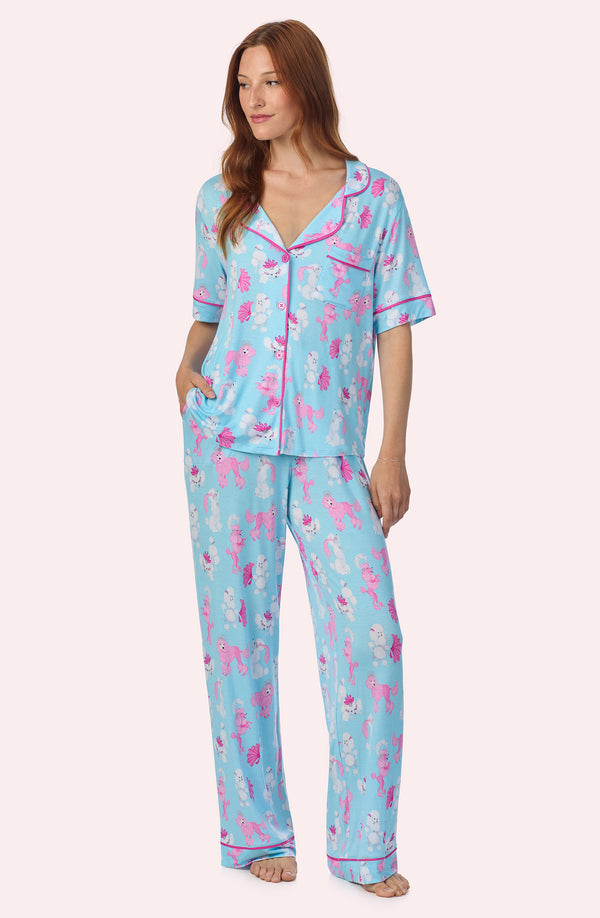 A lady wearing Dakota Knit Pj Set In Show Poodles