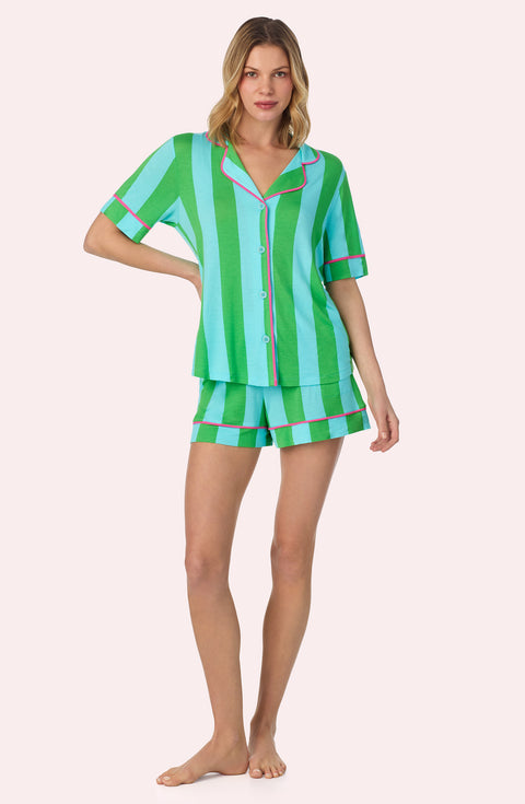 A lady wearing Dakota Short Knit Pj Set In Lagoon Stripe