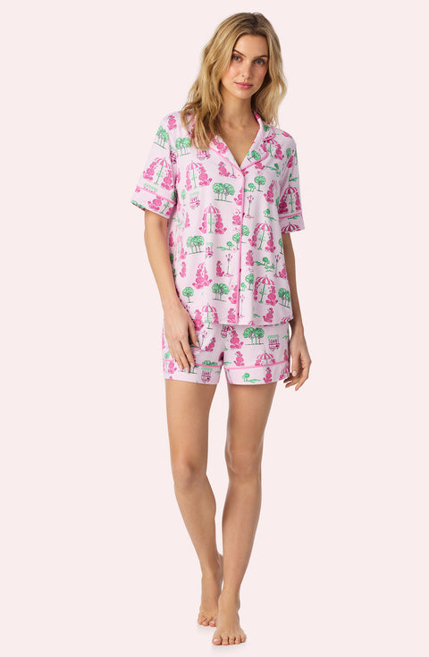 A Lady Wearing Sienna Short Knit PJ Set in Palm Springs Poodle Front View