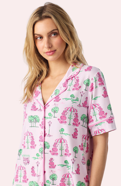 A Lady Wearing Sienna Short Knit PJ Set in Palm Springs Poodle Front Facing Close up View