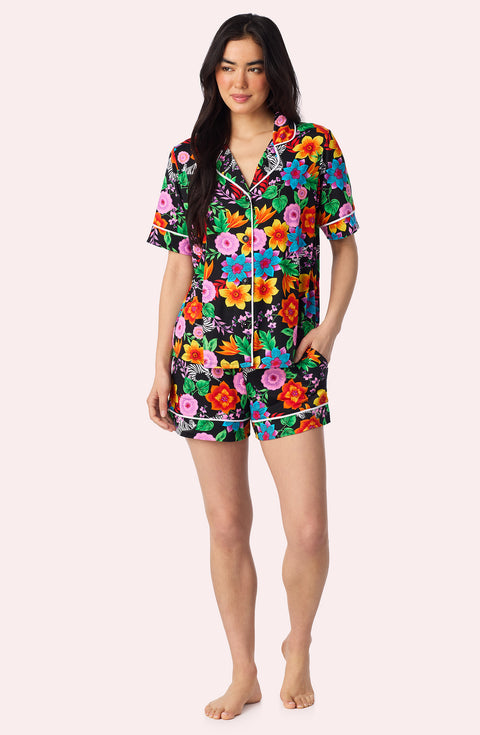 A Lady Wearing Sienna Short Knit PJ Set in Wild Garden Front View