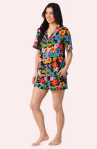 A Lady Wearing Sienna Short Knit PJ Set in Wild Garden Side Angle View