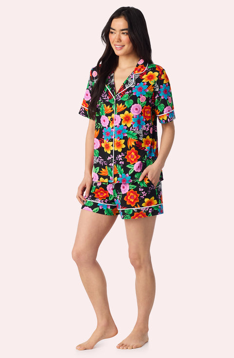 A Lady Wearing Sienna Short Knit PJ Set in Wild Garden Side Angle View