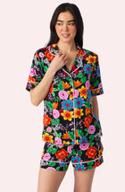 A Lady Wearing Sienna Short Knit PJ Set in Wild Garden Closeup View