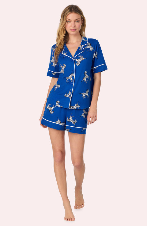 A lady wearing Sienna Short Knit Pj Set In Cobalt Zebra