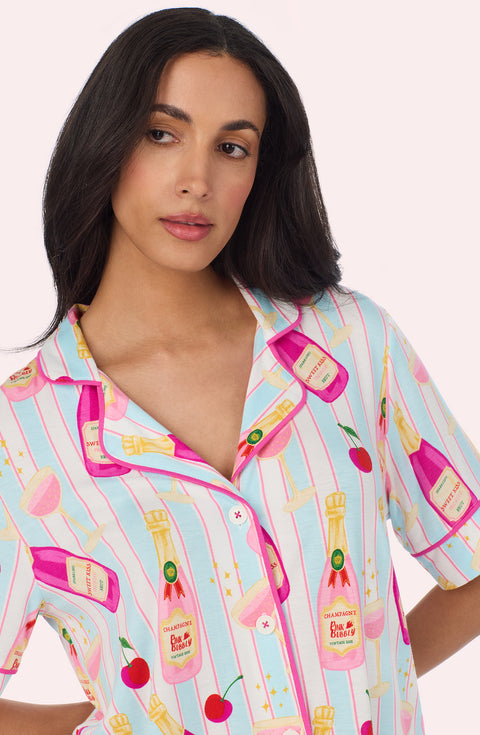 A Lady Wearing Dakota Short Knit Pj Set In Bottle Service in a close up front view shot