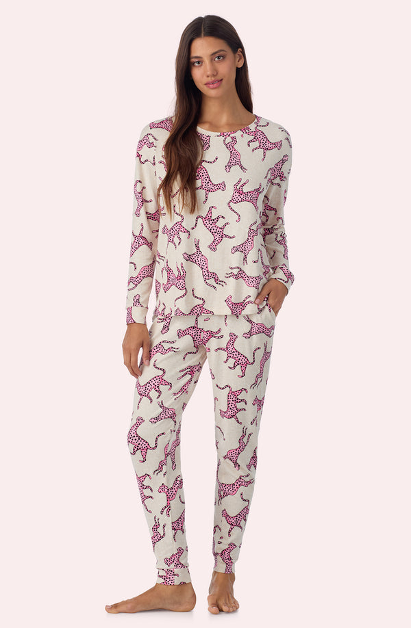 a lady wearing Lorena Long Knit Pj Set In Pink Prowl