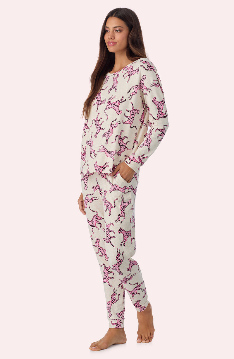 a lady wearing Lorena Long Knit Pj Set In Pink Prowl