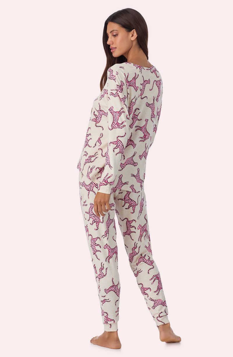a lady wearing Lorena Long Knit Pj Set In Pink Prowl