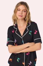 A lady wearing Sienna Short Knit Pj Set In Midnight Butterfly