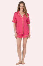 A Lady Wearing Dakota Short Knit Pj Set In Berry Stripe