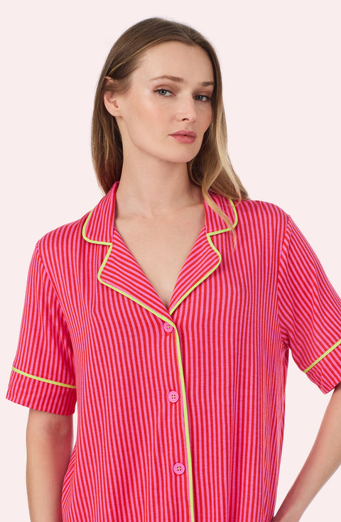 A Lady Wearing Dakota Short Knit Pj Set In Berry Stripe in a front view close up pose