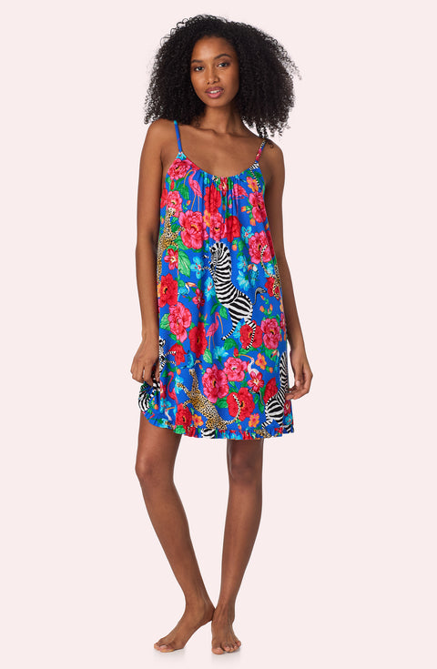 A lady wearing Ella Knit Chemise In Sapphire Safari