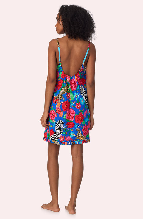 A lady wearing Ella Knit Chemise In Sapphire Safari