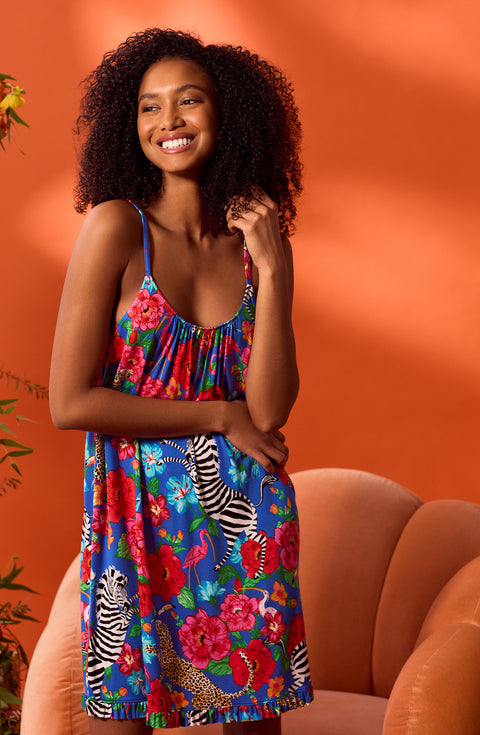 A lady wearing Ella Knit Chemise In Sapphire Safari