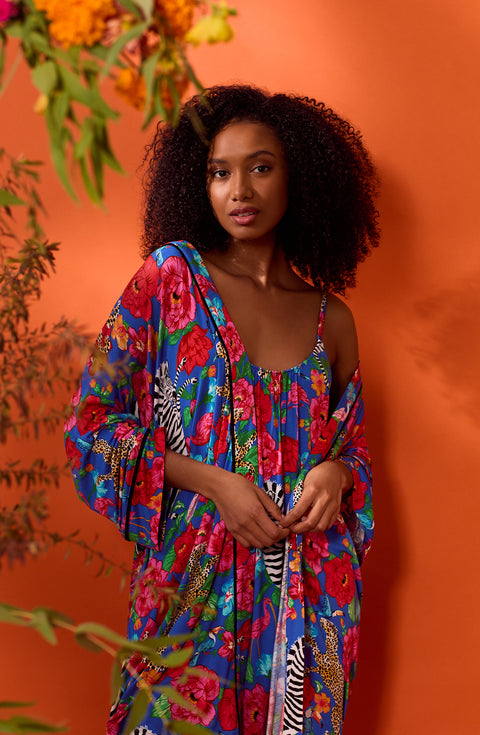 A lady wearing Spencer Knit Robe In Sapphire Safari