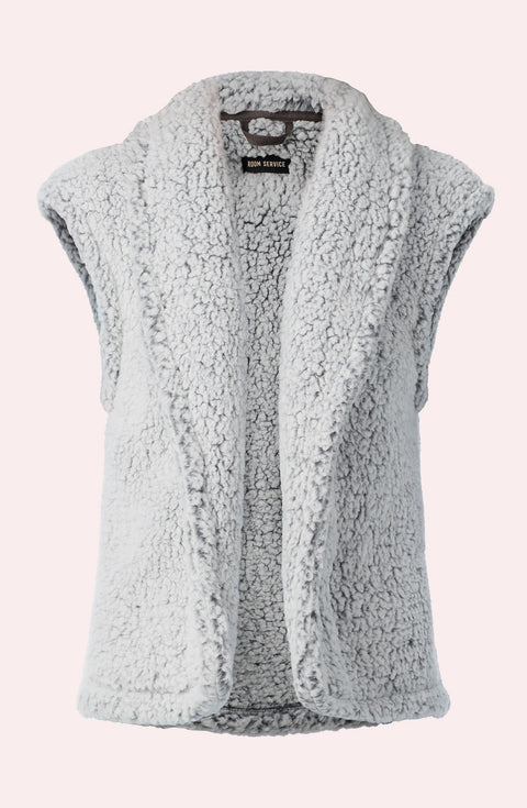 A Tessa Sherpa Vest In Frosted Slate ghost mannequin picture displayed