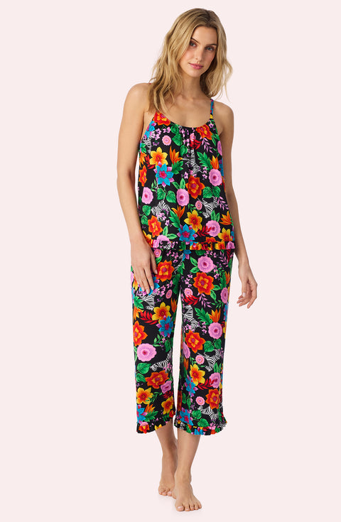 A Lady Wearing Fiona Knit Pj Set In Wild Garden Front View
