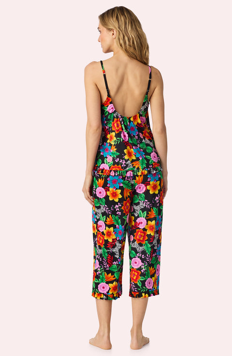 A Lady Wearing Fiona Knit Pj Set In Wild Garden Back View