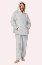 A lady wearing Amanda Sherpa Pj Set In First Frost print