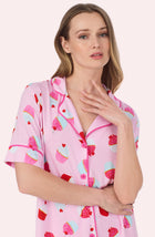 A Lady Wearing Dakota Short Knit Pj Set In Cherry On Top in a front view close up shot