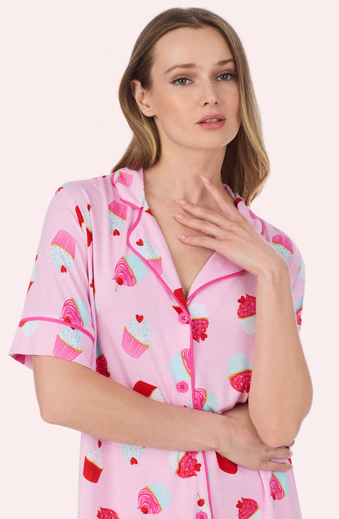 A Lady Wearing Dakota Short Knit Pj Set In Cherry On Top in a front view close up shot