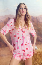 A Lady Wearing Dakota Short Knit Pj Set In Cherry On Top in a front view half close up shot